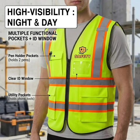 High Visibility Reflective Safety Vest With Custom Logo Hi Vis Work Uniform Built Tough For Construction Sites And Trucking Pros Who Gotta Get The Job Done, features multiple pockets, clear ID window, and vibrant colors.