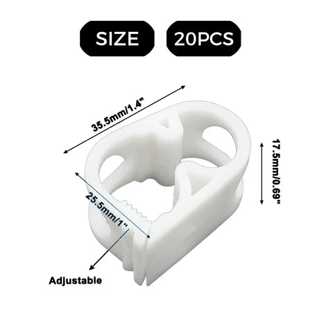 20Pcs Adjustable Plastic Tubing Clamps For Quarter To Half Inch Tubing, shown with dimensions 35.5mm x 17.5mm