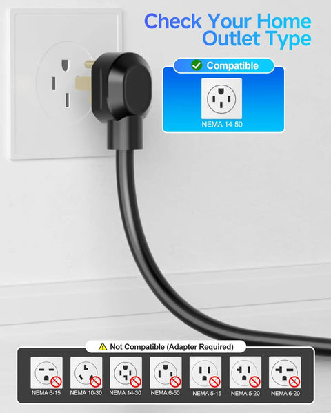 Heavy Duty Level 2 Portable EV Charger For Tesla And All Electric Vehicles Pulling 32 Amps At 7.68 Kilowatts plugged into NEMA 14-50 outlet.