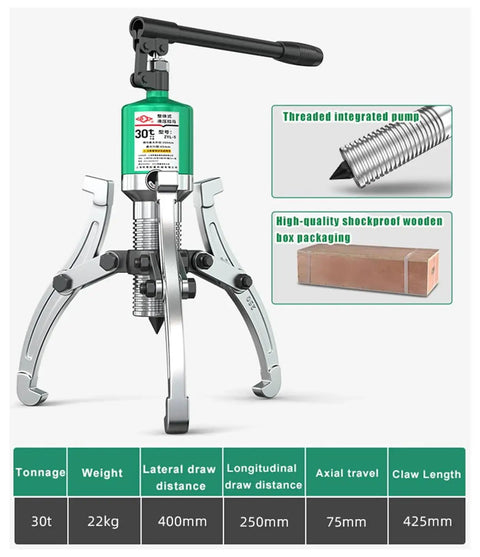Heavy Duty Hydraulic Gear Puller, 30 Ton Bidirectional Separator Tool with adjustable jaws, 400mm pull distance.