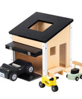 Wooden Dollhouse Garage Set With Workbench, Lawn Mower, Bicycle And Car For Kids, Kid Friendly Realistic Garage Toys visible.