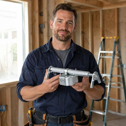 Man holding Heavy Duty Ceiling Fan Mounting Bracket With Adjustable Telescoping Brace Fits 13 To 24 Inch Reach And One And A Half Inch Fan Box UL Listed