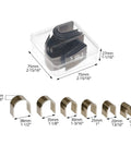 All In One Leather Corner Punch Kit With 18 High Speed Steel Dies in storage case, 6 sizes, 3 shapes shown with measurements