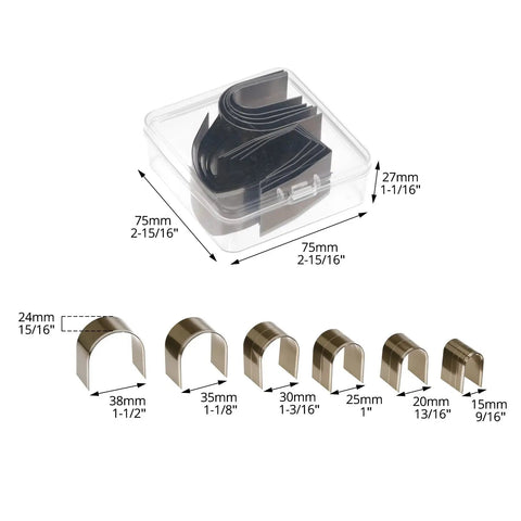 All In One Leather Corner Punch Kit With 18 High Speed Steel Dies in storage case, 6 sizes, 3 shapes shown with measurements