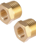 Two brass 1/2 in male x 1/4 in female NPT reducer hex bushings for pipe fittings