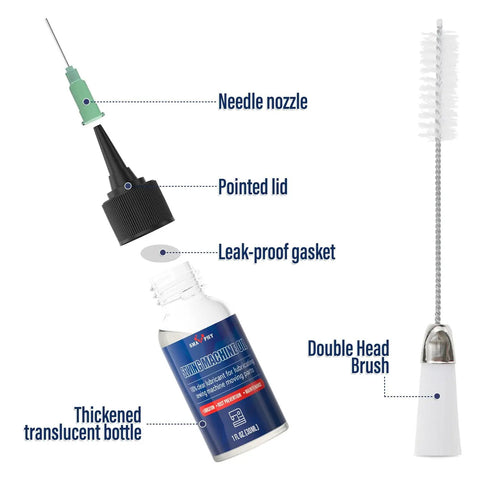 Premium Sewing Machine Oil With Built In Applicator And Dual Ended Brush For Smooth Lubrication, Long Lasting Protection, No Fuss Quick Application, Keeps Your Sewing Machine Running Quietly And Efficiently, Works With Most Machines. 1 fl oz bottle with needle nozzle and brush