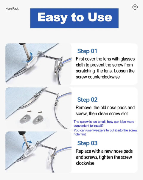 No Sweat Silicone Eyeglasses Nose Pads With Twenty Anti Slip Replacement Pairs installation steps with tools and glasses.