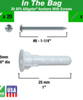 Alligator AF5 Flanged Anchor With Screws For Hollow And Solid, Polypropylene Expansion Anchor For Concrete Brick Stone And Drywall, Flanged Head, 20 Pack Size Four To Nine.