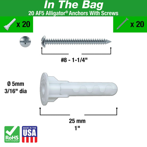 Alligator AF5 Flanged Anchor With Screws For Hollow And Solid, Polypropylene Expansion Anchor For Concrete Brick Stone And Drywall, Flanged Head, 20 Pack Size Four To Nine.