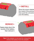 Diagram showing installation and removal steps for Milwaukee 18V Battery Power Wheel Adapter Kit Two Pack With Built In Switch Fuse Holder