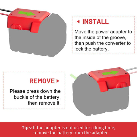 Diagram showing installation and removal steps for Milwaukee 18V Battery Power Wheel Adapter Kit Two Pack With Built In Switch Fuse Holder