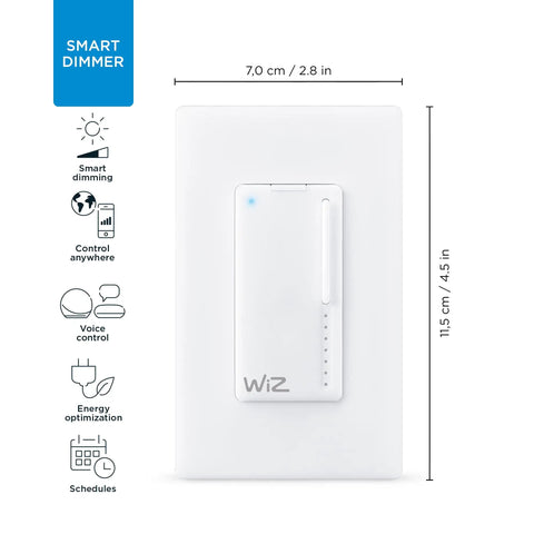 Front view of 2 Pack Wi Fi Dimmer Switch Turns Any Dimmable Light Into A Smart Home Device No Hub Needed Easy Setup Works With Your 2 4Ghz Wi Fi White Finish And Voice Control Ready For Modern Homes, showing dimensions
