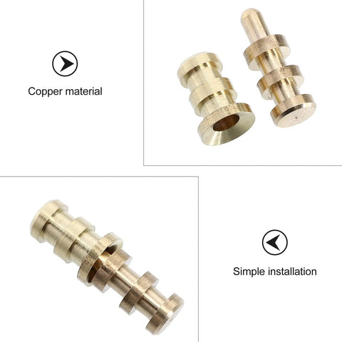 Close-up of 20 Sets Table Leaf Dowel Pins And Bolt Sleeve Connectors For Furniture Assembly, golden metal pins on white background.