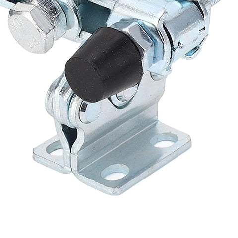 Close-up of Heavy Duty Quick Release Toggle Clamp For Woodworking Jigs And Fixtures, zinc-coated base with bolt details.