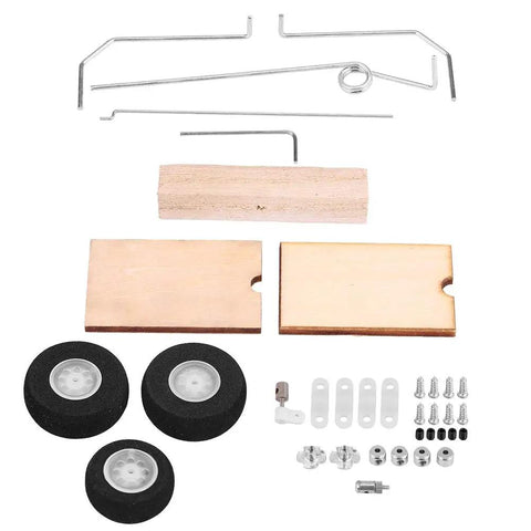 Durable Aircraft Wheel Kit With Lightweight Design And Dope Look For DIY Fixed Wing RC Planes Beginner Friendly Landing Gear With Easy Install And Low Assembly Burden components laying flat, showing wheels, wooden parts, and metal rods.
