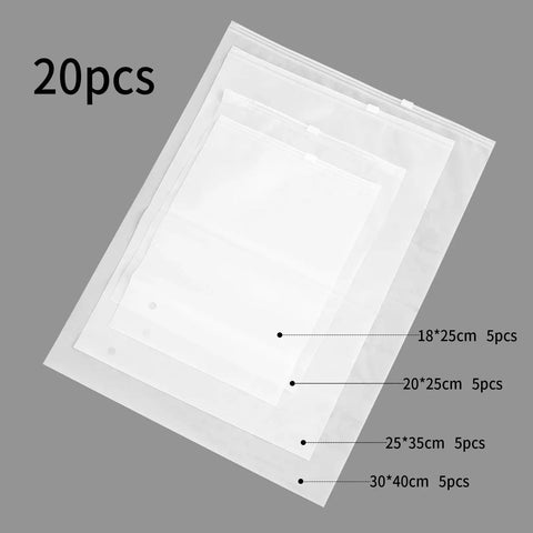 20 Pcs Travel Storage Bags For Luggage Organizer Sets Waterproof Resealable Compression Zipper Packing Bags For Travel Suitcases Clothing Shoes A Must Have Four Size Options shown in transparent frosted material with size labels.