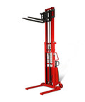 MechMaxx 3300 Lb Semi Electric Straddle Stacker With 118 Inch Lift Height Powerful 12V Agm Battery adjustable forks in red