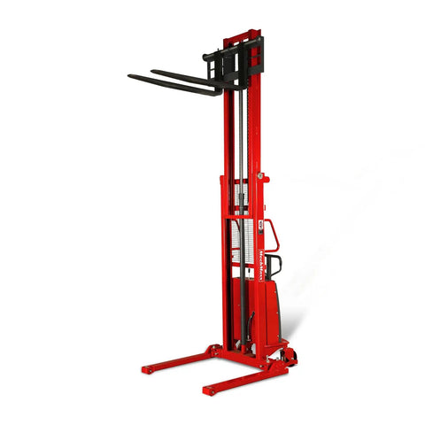 MechMaxx 3300 Lb Semi Electric Straddle Stacker With 118 Inch Lift Height Powerful 12V Agm Battery adjustable forks in red