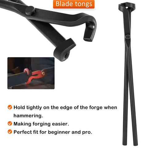 Heavy Duty Forge Day Essentials Four Pack Knife Making Tongs Set With V Bit Bolt Tongs Wolf Jaw Tongs Flat Tongs And Blade Tongs shown