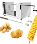 ANYDOCANMOOT spiral potato cutter, manual stainless steel kitchen tool with crank, shown with potatoes.