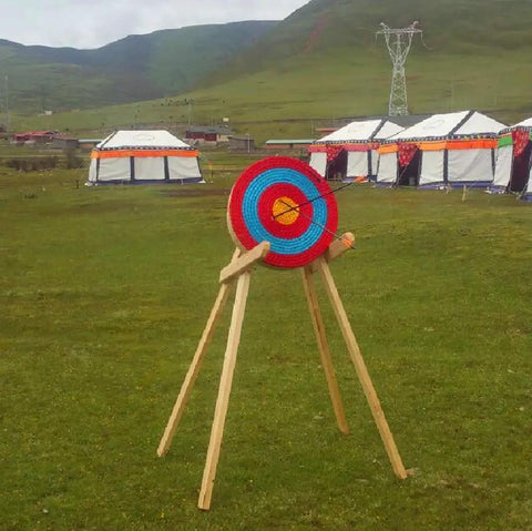 Traditional Solid Straw Archery Target With Colored Rope Face And Three Layer Design For Backyard Practice on tripod stand