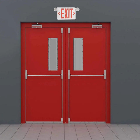 Red LED Exit Sign With Emergency Lights And Battery Backup above red double doors in hallway, UL Listed 120-277V, fire resistant housing