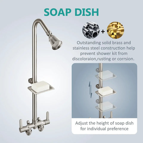 Outdoor Shower Kit With Two Handle Exposed Shower Brass Valve 3 Inch Center Showerhead Soap Dish Brushed Nickel Durable Corrosion Resistant For Pool Patio Beach House Easy Install