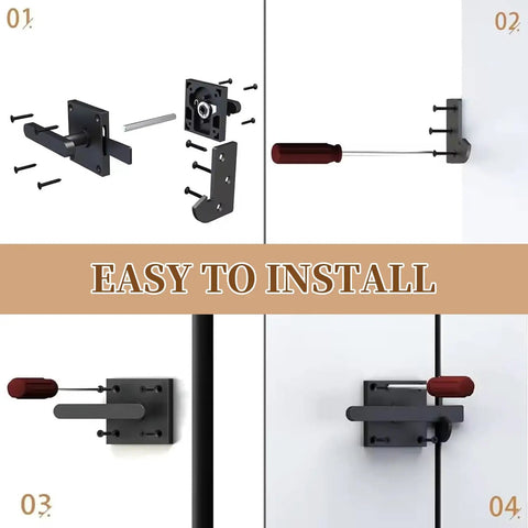 Assembly steps for Rock Solid Heavy Duty Double Sided Gate Latch With Handles Black Aluminum Fence Lock, showing installation process.