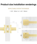 Installation renderings of Gold Door Knob Set 5 Pack With Sleek Boss Look Corner Design Keyless Passage Handles Locking Function.