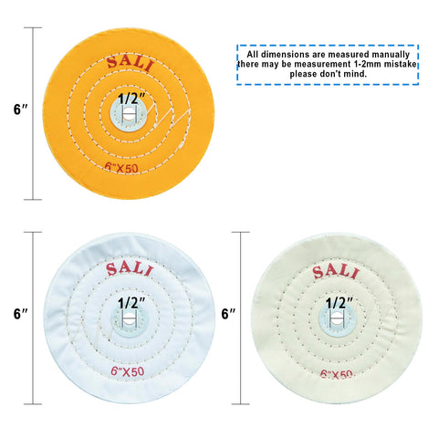 4 Pack 6 Inch Buffing Wheels Set For Bench Grinder Polisher With 2 Yellow 50 Ply Cotton Wheels For Cutting And Coarse Buffing 1 White 50 Ply Cotton Wheel For High Shine And 1 Loose White Cotton Wheel For Ultra Fine Polishing Half Inch Arbor, showing three buffing wheels with dimensions.