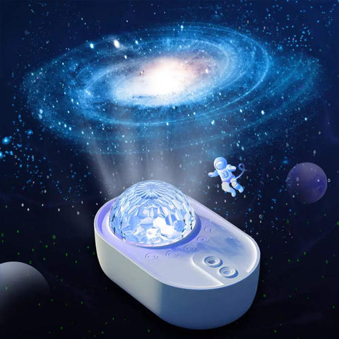 3 In 1 Starry Night Projector with Ocean Wave Nebula Effects showing galaxy projection and astronaut figurine in space theme