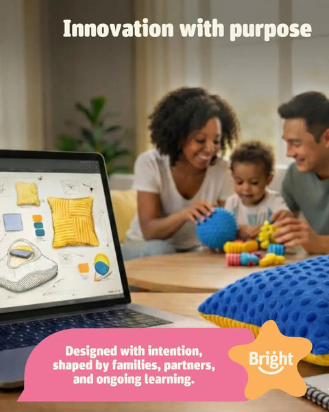 Family using sensory toys at home with laptop displaying designs, highlighting innovation and learning for families.