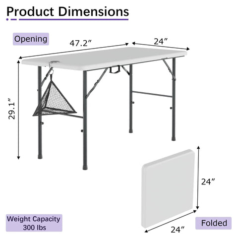 Heavy Duty 4 Foot Folding Table With Carry Handle And Mesh Bag Indoor Outdoor Portable Table For Picnic, Party, Camping, White