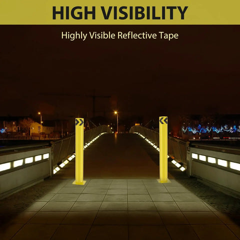 Built Tough Heavy Duty Steel Safety Bollard Post delivering high visibility parking protection with reflective tape on a dimly lit bridge.