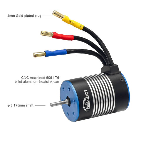 Beefed Up Waterproof BL3650 3900KV Brushless Motor With 3.175mm Shaft, showing heatsink and wires in black and blue