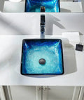 Dope Blue Square Tempered Glass Vessel Sink With Pop Up Drain For Above Counter Vanity Lustrous Deco Glass Finish Modern