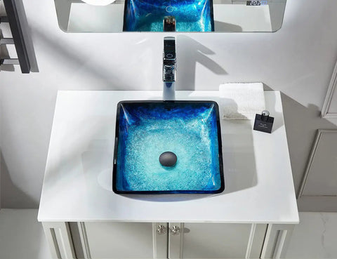 Dope Blue Square Tempered Glass Vessel Sink With Pop Up Drain For Above Counter Vanity Lustrous Deco Glass Finish Modern