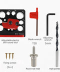 No Hassle Adjustable Dowel Maker Jig Kit With Eight Size Options From 5/16 To 3/4 Inch parts including drill, wrenches, and screws.