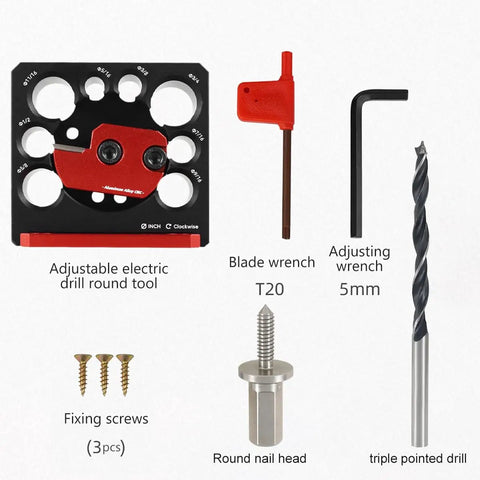 No Hassle Adjustable Dowel Maker Jig Kit With Eight Size Options From 5/16 To 3/4 Inch parts including drill, wrenches, and screws.