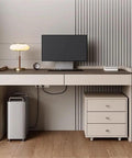 Large Modern Office Desk With Two Storage Drawers And Rolling Side Cabinet Solid Wood Study Table in bright home office setting.