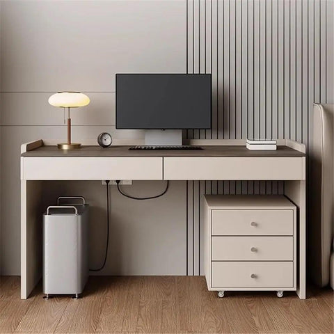 Large Modern Office Desk With Two Storage Drawers And Rolling Side Cabinet Solid Wood Study Table in bright home office setting.