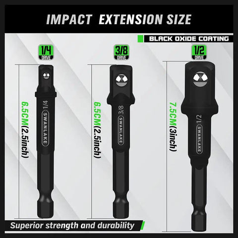 Seven Piece Impact Socket Adapter Kit For Drills With Hex Shank To One Quarter Inch, Three Eighths Inch And One Half Inch Drive Adapters
