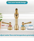 Vintage 8 Inch Widespread Bathroom Faucet With 3 Hole 2 Lever Handles Deck Mount And Pop Up Drain Antique Brass Includes Hot And Cold Water Supply Lines For A Retro Vibe Powder Room Makeover, showing hot and cold labels.