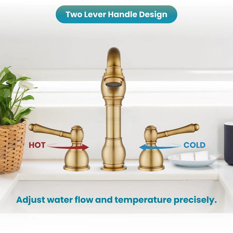 Vintage 8 Inch Widespread Bathroom Faucet With 3 Hole 2 Lever Handles Deck Mount And Pop Up Drain Antique Brass Includes Hot And Cold Water Supply Lines For A Retro Vibe Powder Room Makeover, showing hot and cold labels.