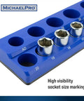 Close-up of blue Magnetic Socket Organizer Tray Set for Metric Sockets, with sockets in place, showing 1/2 inch drive markings