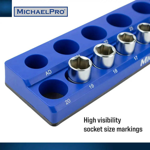 Close-up of blue Magnetic Socket Organizer Tray Set for Metric Sockets, with sockets in place, showing 1/2 inch drive markings