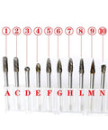 Top Shelf Ten Pack Tungsten Carbide Rotary Burrs Compatible With Dremel Rotary Tools Boss Level Milling Cutters displayed in holder.