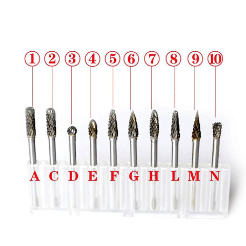 Top Shelf Ten Pack Tungsten Carbide Rotary Burrs Compatible With Dremel Rotary Tools Boss Level Milling Cutters displayed in holder.