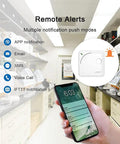 Smart home setup featuring WiFi Environmental Sensor with notification options via app, email, SMS, and IFTTT integration.