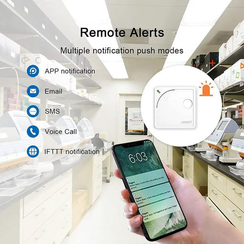 Smart home setup featuring WiFi Environmental Sensor with notification options via app, email, SMS, and IFTTT integration.